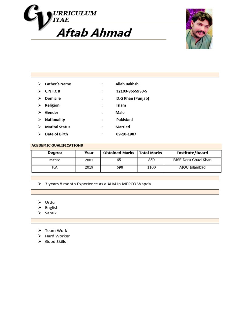 Aftab Ahmad's Professional Curriculum Vitae | PDF