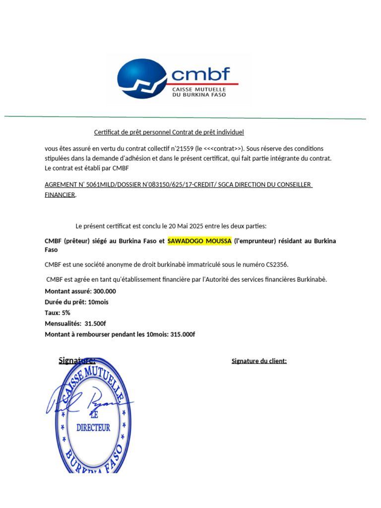 Certificat de Prêt Personnel CMBF | PDF