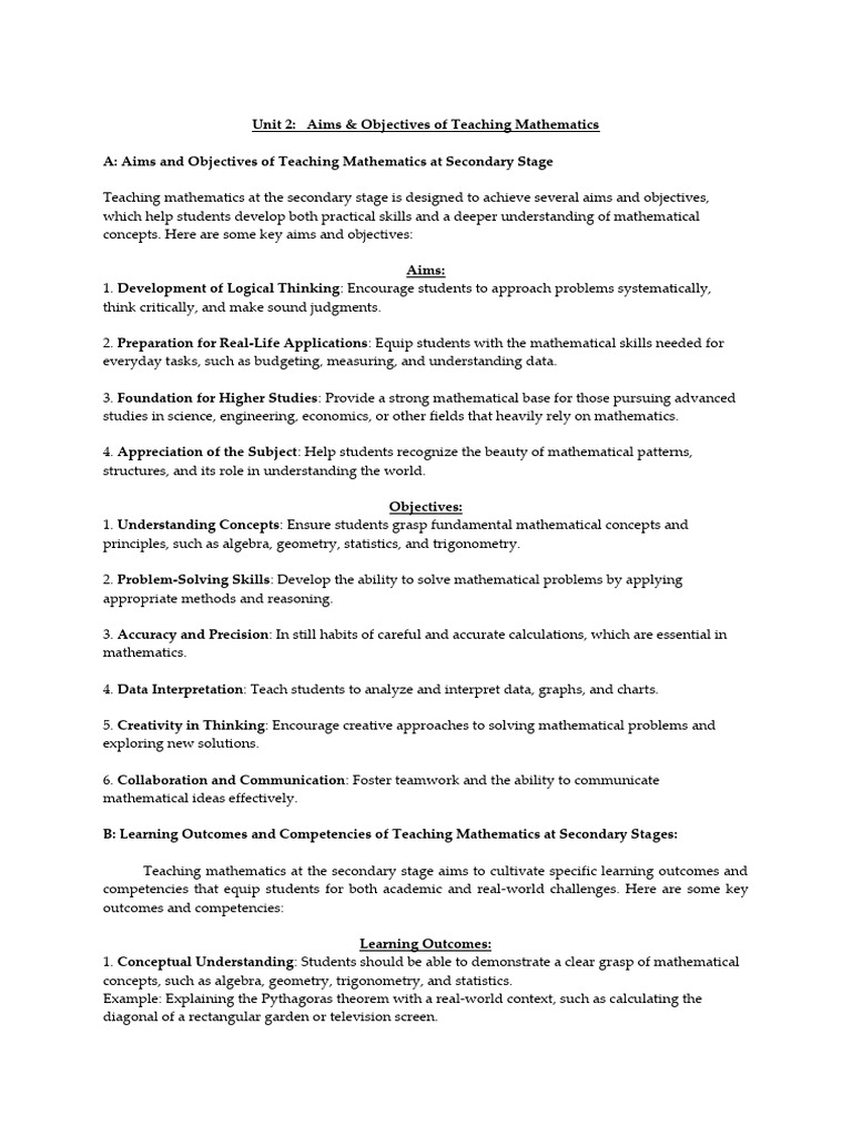 Aims and Objectives of Secondary Maths Teaching | PDF | Mathematics ...