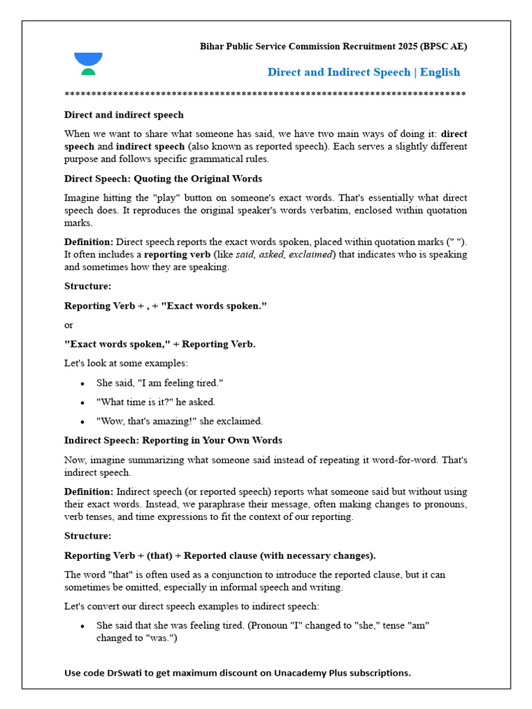 Direct and Indirect Speech Explained | PDF | Verb | Grammatical Number