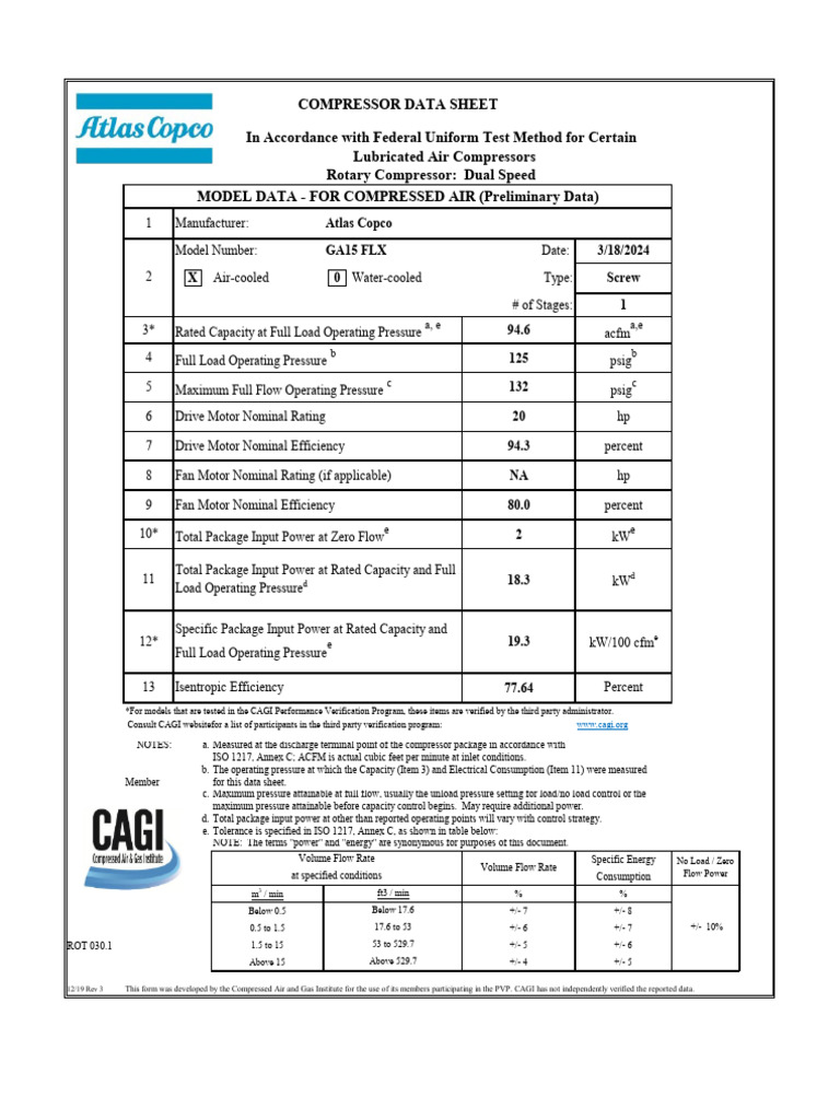 Atlas Copco GA15 FLX Compressor Data | PDF | Gases | Gas Technologies