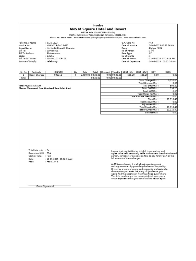 M Square Hotel Invoice for Mr. Chandra | PDF | Public Finance | Taxation