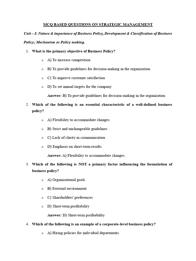 MCQ Based Questions On Strategic Management | PDF | Goal | Strategic ...