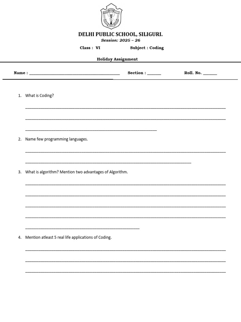 Coding Holiday Assignment for Class VI | PDF