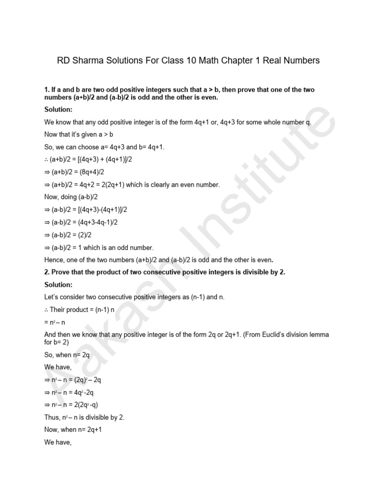 RD Sharma Solutions For Class 10 Math Chapter 1 Real Numbers | PDF ...