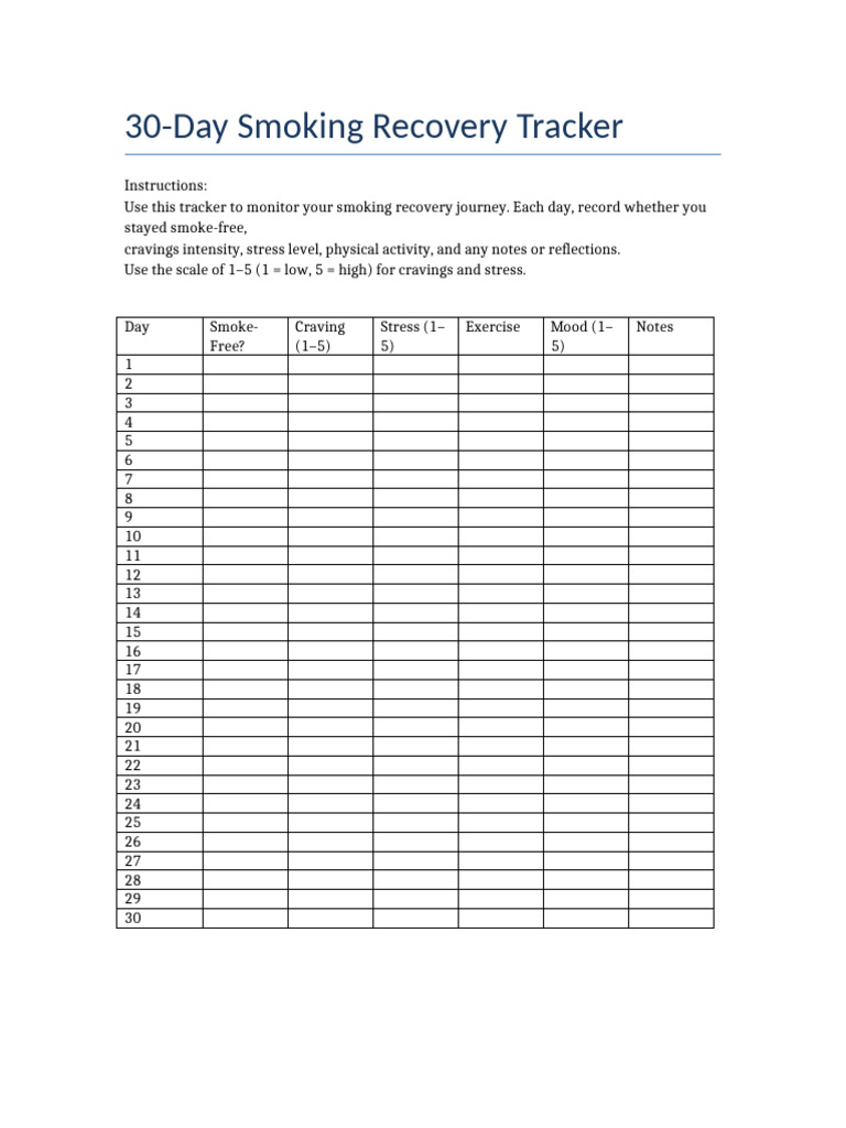 daily progress tracking cigarette reduction challenge 30 Days 30 Day No Smoking Challenge