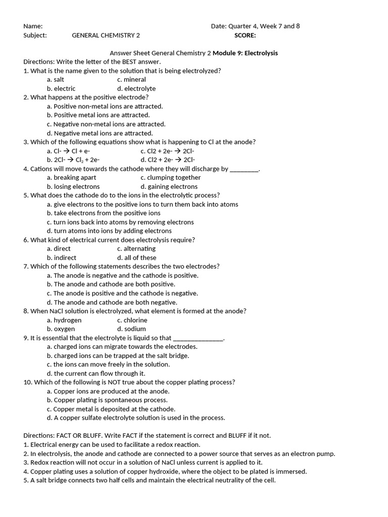 Answer Sheet Gen Chem 2 Q4 Week 7 and 8 Part 2 TEST | PDF | Ion | Anode