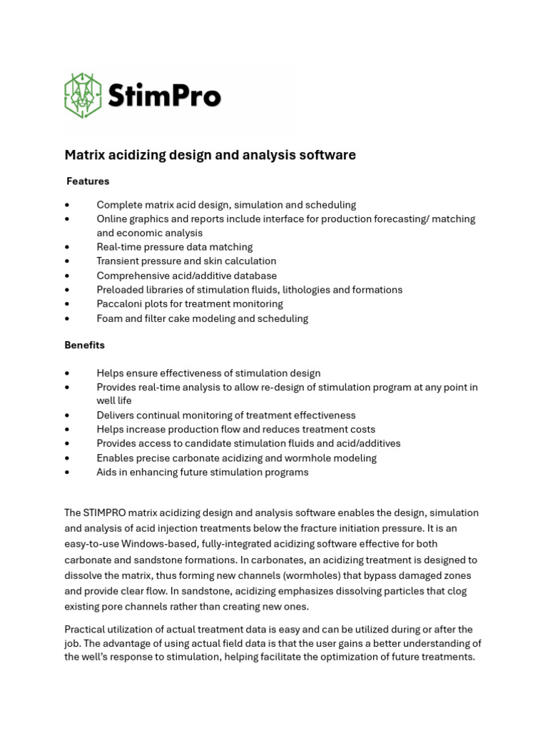 STIMPRO Matrix Acidizing Software | PDF | Simulation | Oil Well