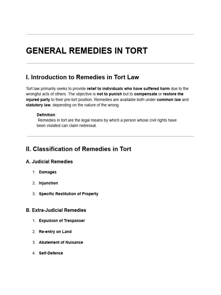 General Remedies in Tort Law Explained | PDF | Damages | Tort