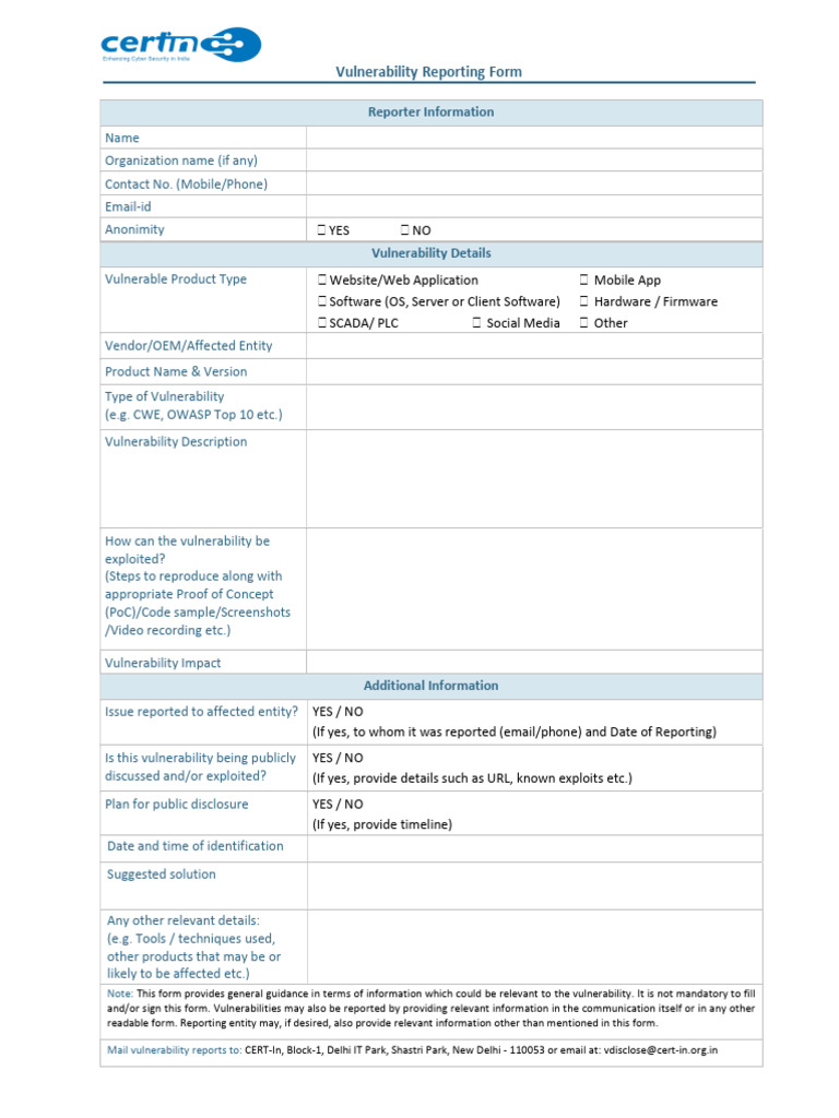 Vulnerability Reporting Form Template | PDF
