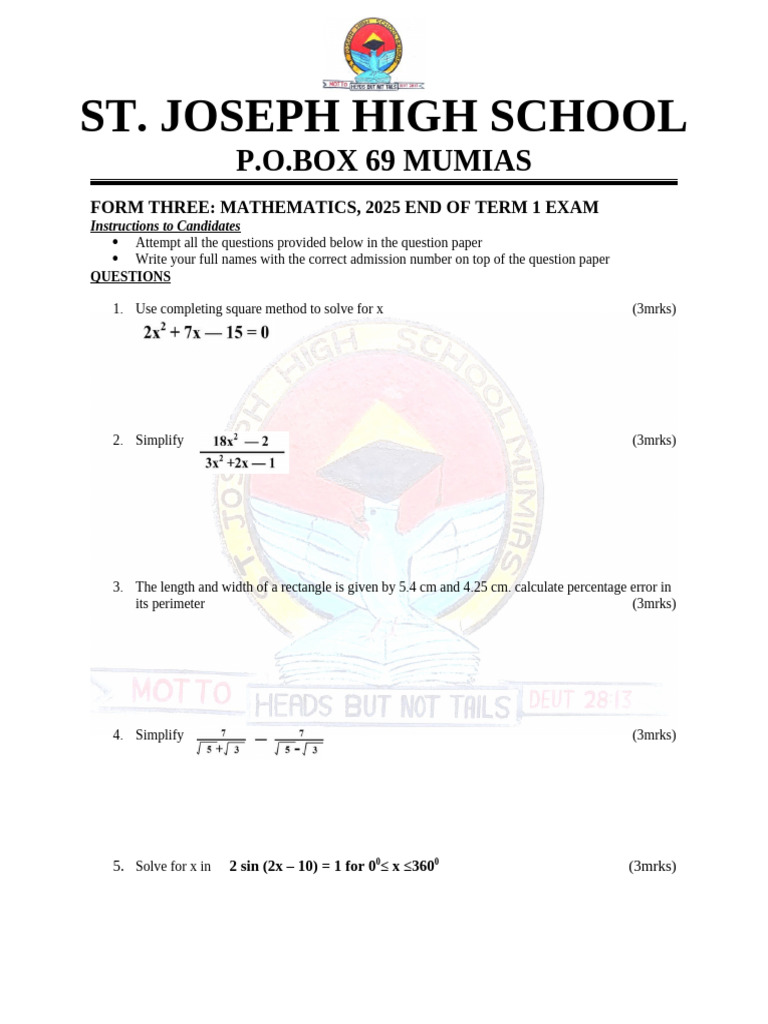 Form 3 Mathematics Exam Paper 2025 | PDF