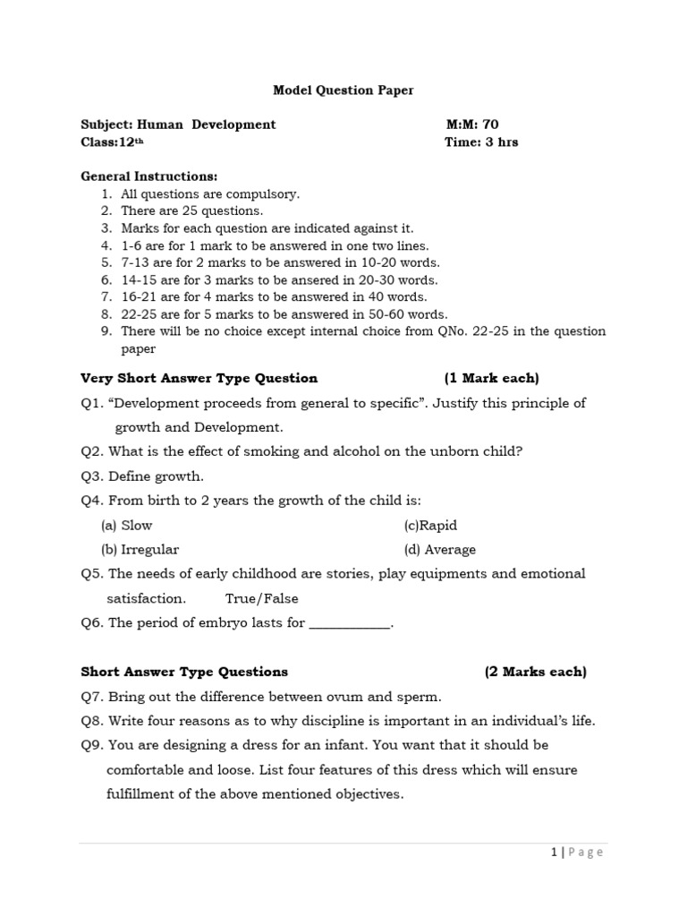 Human Development Model Question Paper | PDF | Behavioural Sciences ...
