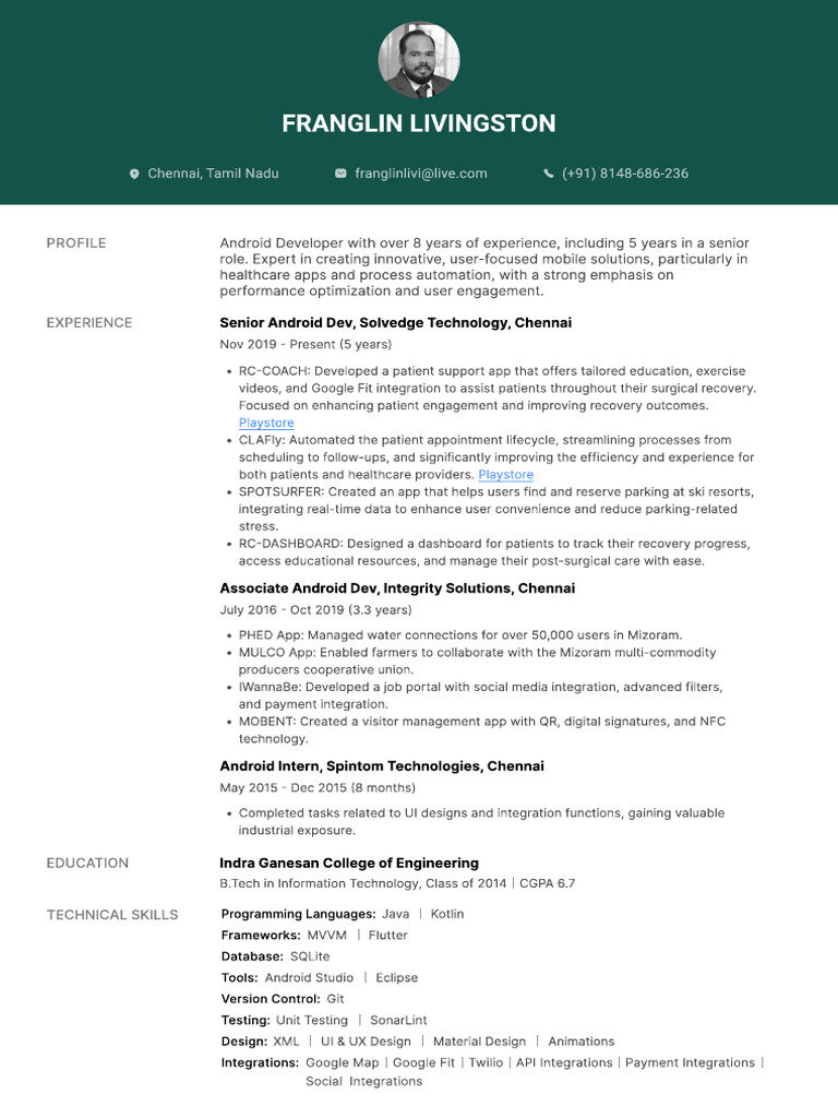 Senior Android Developer Profile | PDF | Mobile App | Android ...