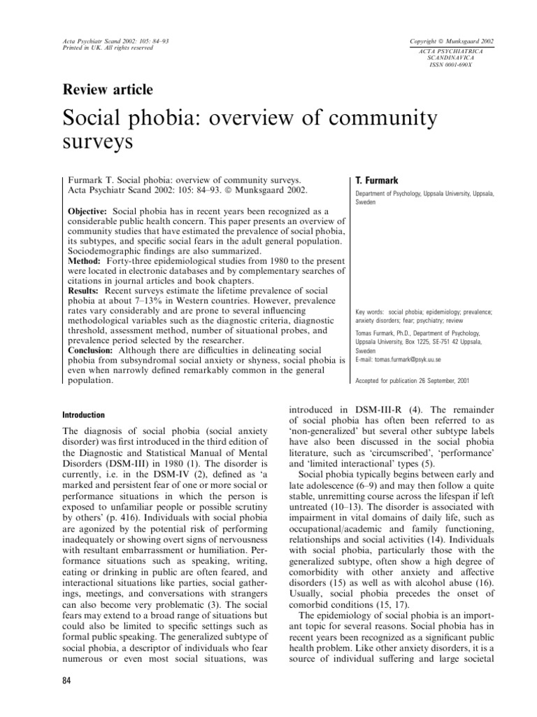 Social Phobia Overview of Community Surveys | PDF | Social Anxiety ...