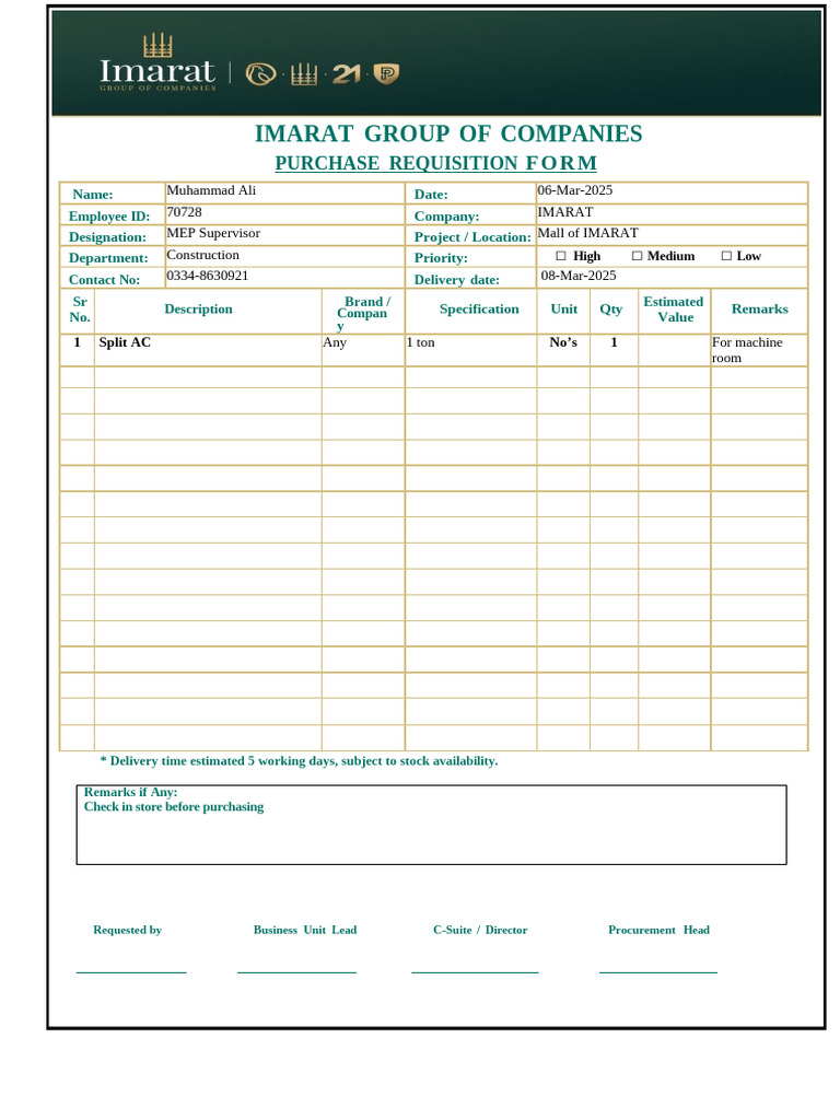 IMARAT Purchase Requisition Form | PDF