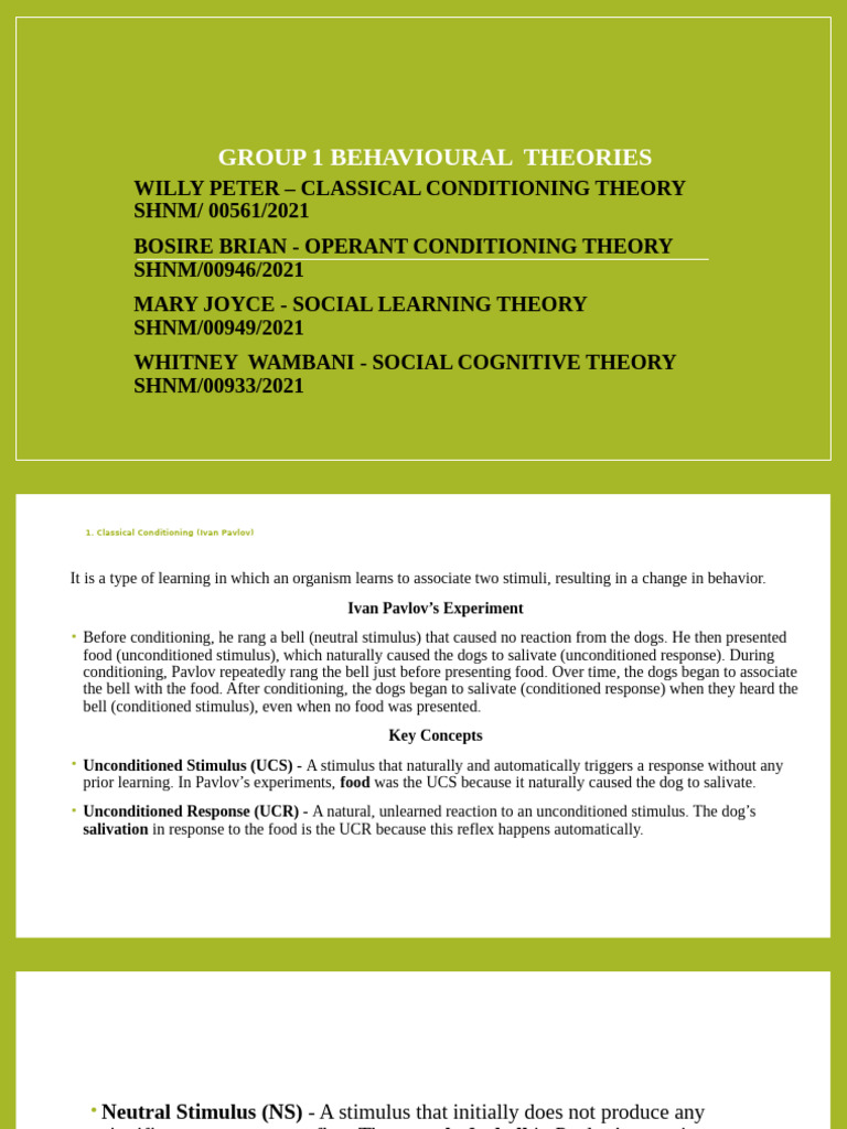Group 1 Behavioural Psychology | PDF | Classical Conditioning | Self ...