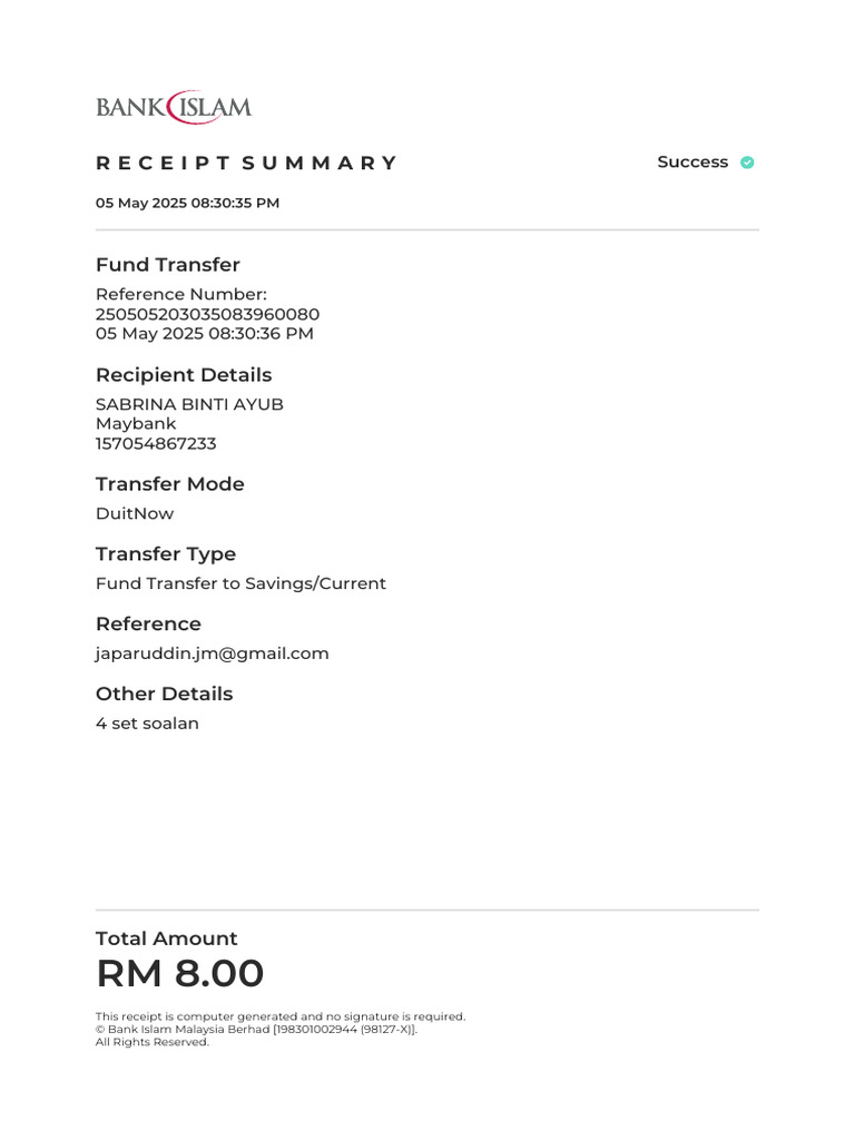 Fund Transfer Receipt Summary | PDF