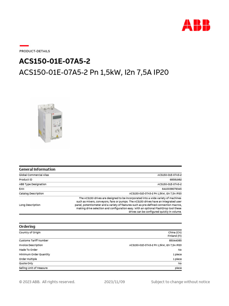 ACS150-01E-07A5-2 PN 1,5kW, I2n 7,5A IP20 | PDF | Length | Electronics