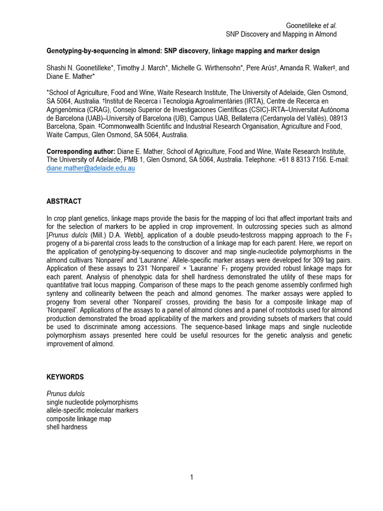 Genotyping-By-Sequencing in Almond SNP Discovery, Linkage Mapping and ...