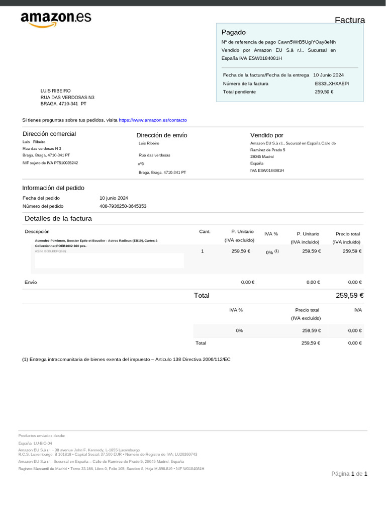 Factura IVA ESW0184081H - Art. 138 Directiva EC | PDF | Impuestos ...