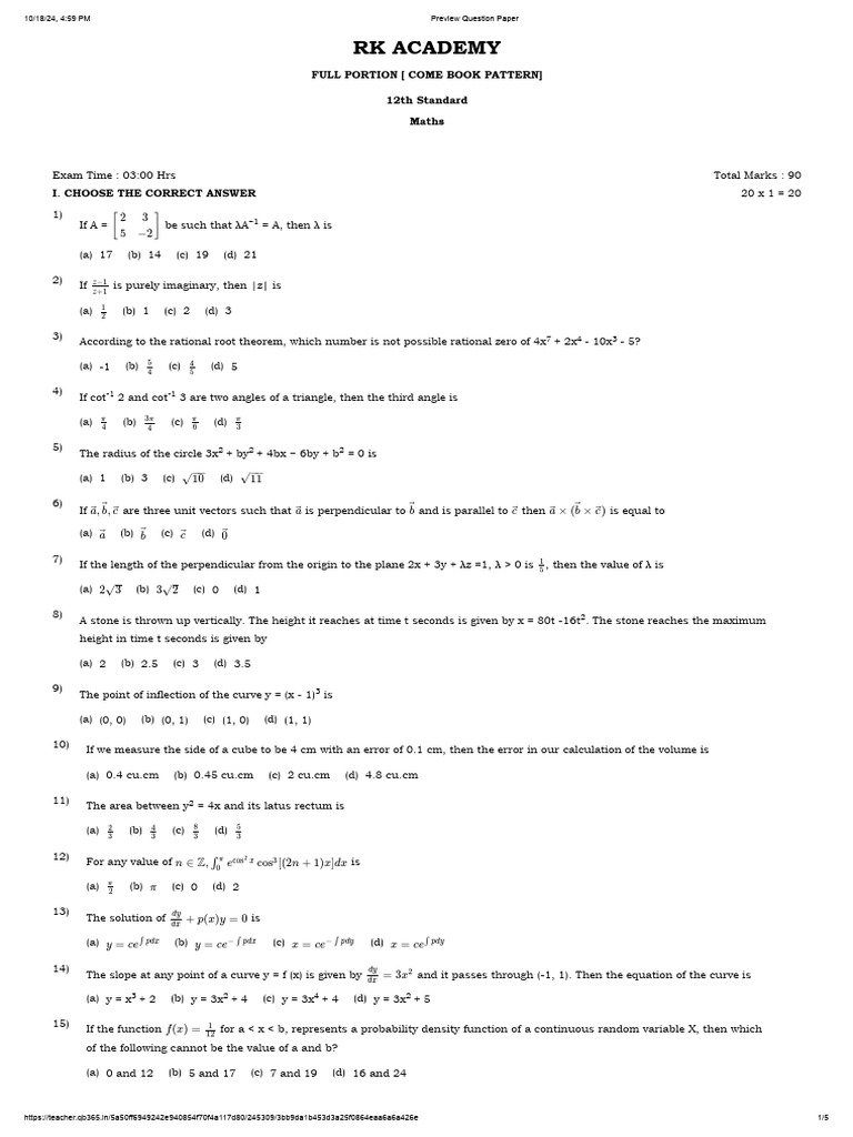 12th Maths Model Question Paper With Answer Key English Medium Pdf
