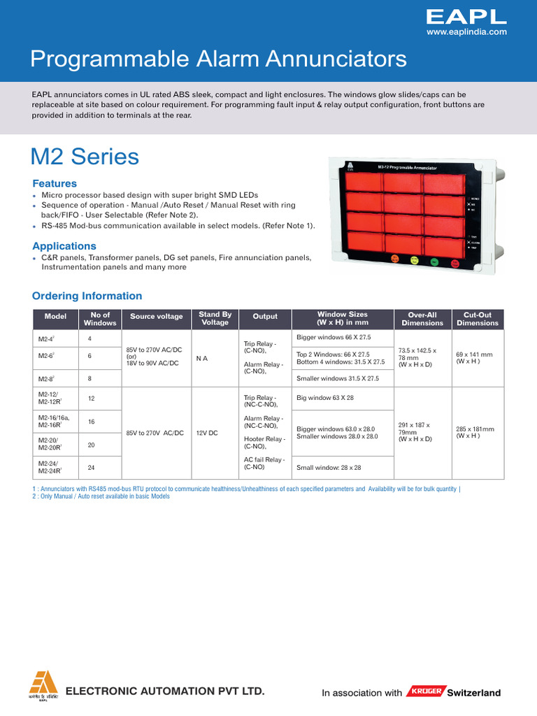 M2 Series Programmable Alarm Annunciators | PDF | Relay | Electric Power