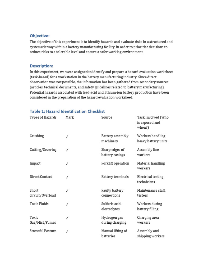Battery Manufacturing Risk Assessment | PDF | Personal Protective ...
