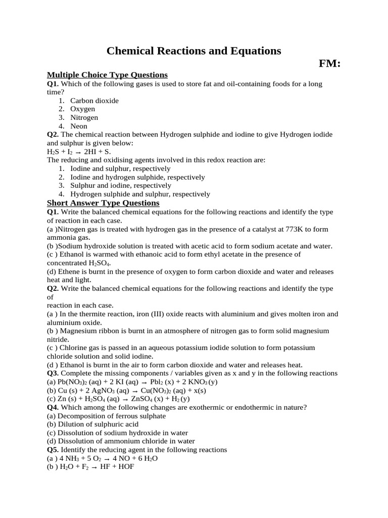 Chemical Reactions: MCQs and Equations | PDF | Chemical Reactions | Iodine
