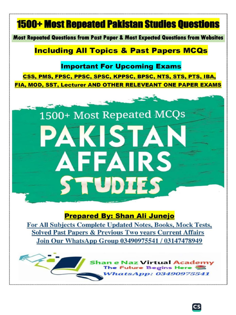 1500+ Pakistan Affairs Studies Sample Notes For All Competitive Exams ...