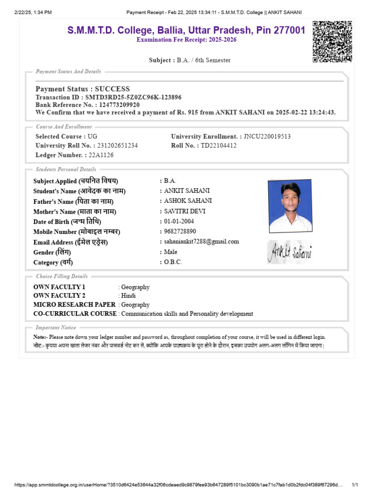 Exam Fee Receipt for Ankit Sahani | PDF