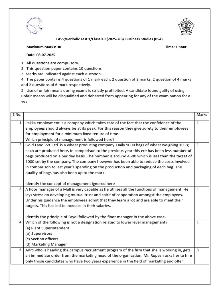 Business Studies Sample Paper 2025-26 | PDF | Business