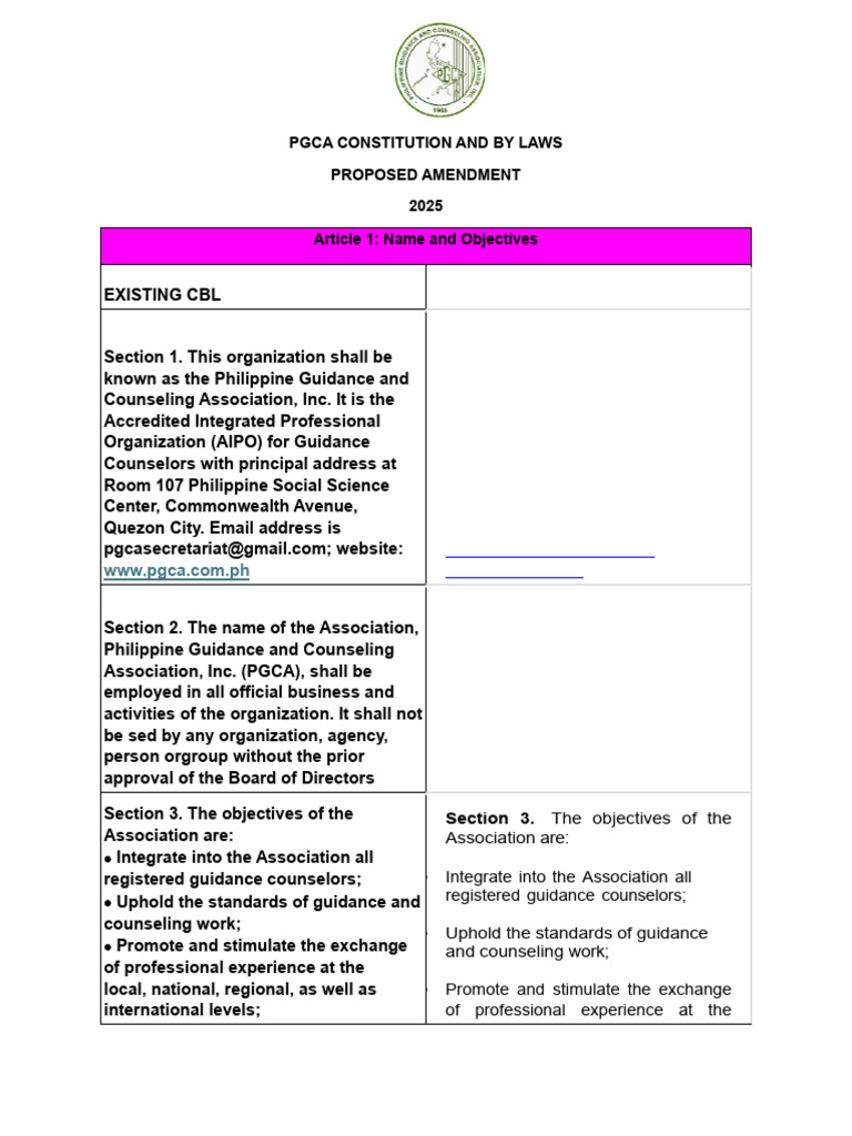 Pgca Constitution and by Laws - Proposed Amendment | PDF | Counseling ...