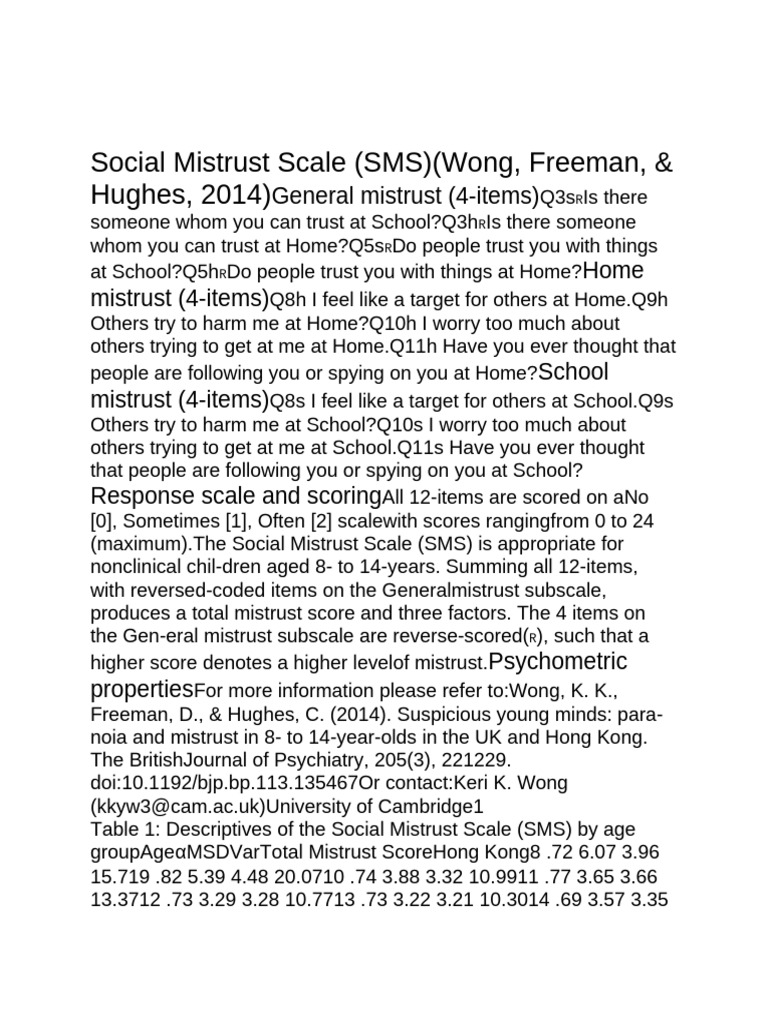 Social Mistrust Scale for Children | PDF