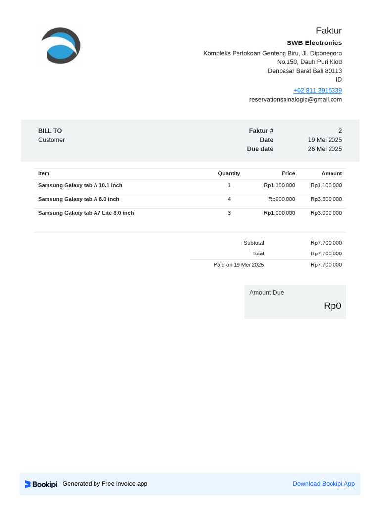 Invoice for Samsung Tablets in Denpasar | PDF