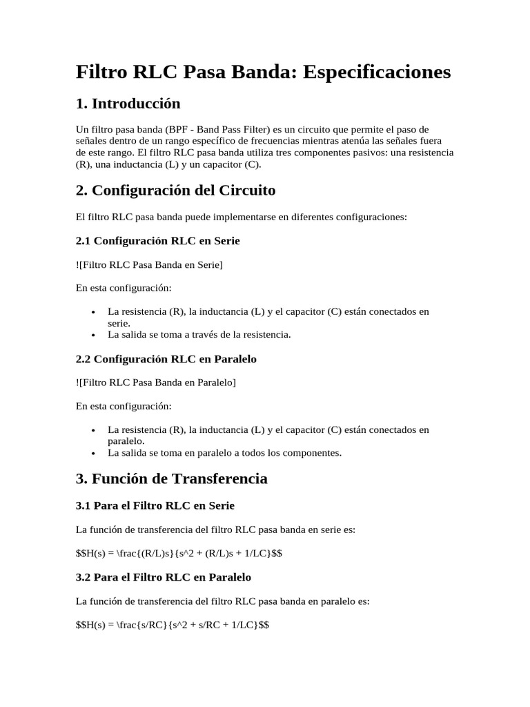 Filtro RLC Pasa Banda: Especificaciones | PDF | Filtro electronico ...