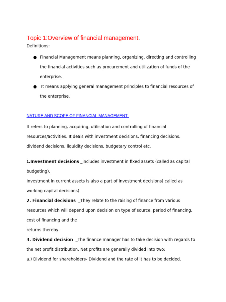 Topic 1-Overview of Financial Management | PDF | Dividend | Investing