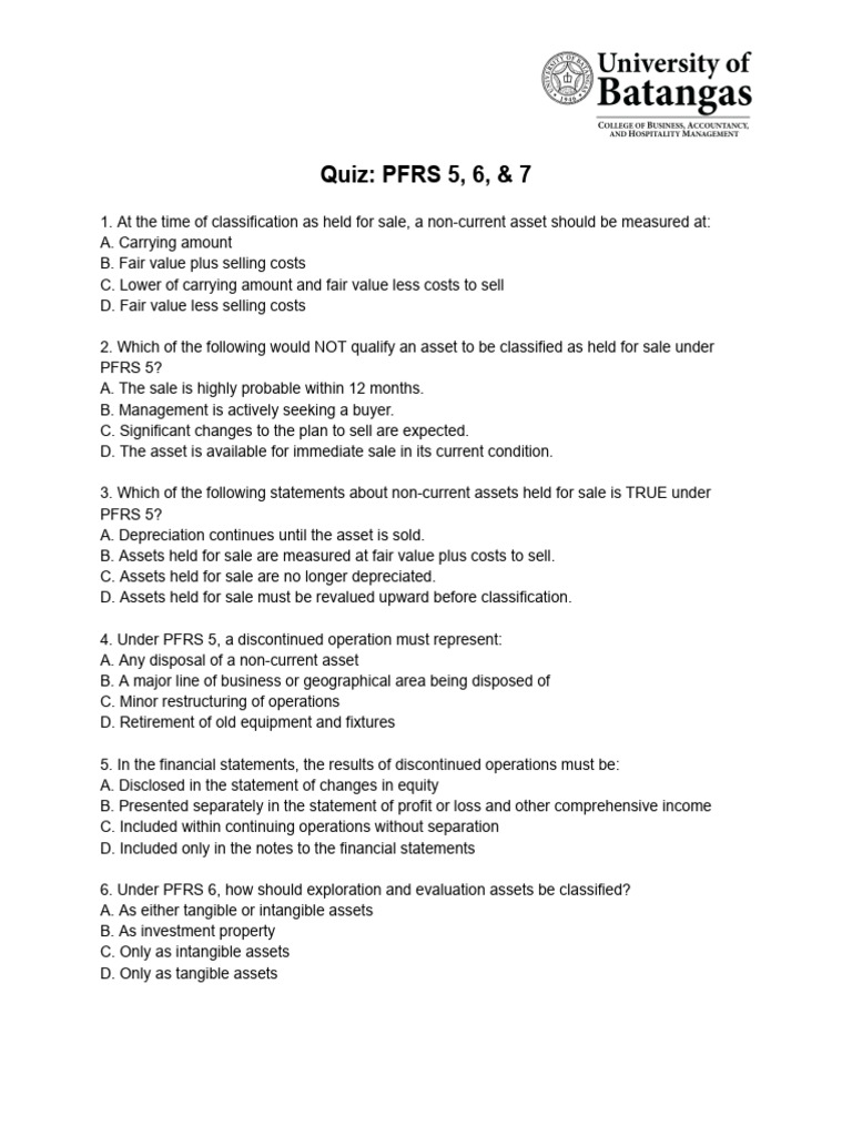 Quiz - PFRS 5 6 7 | PDF | Fair Value | Expense