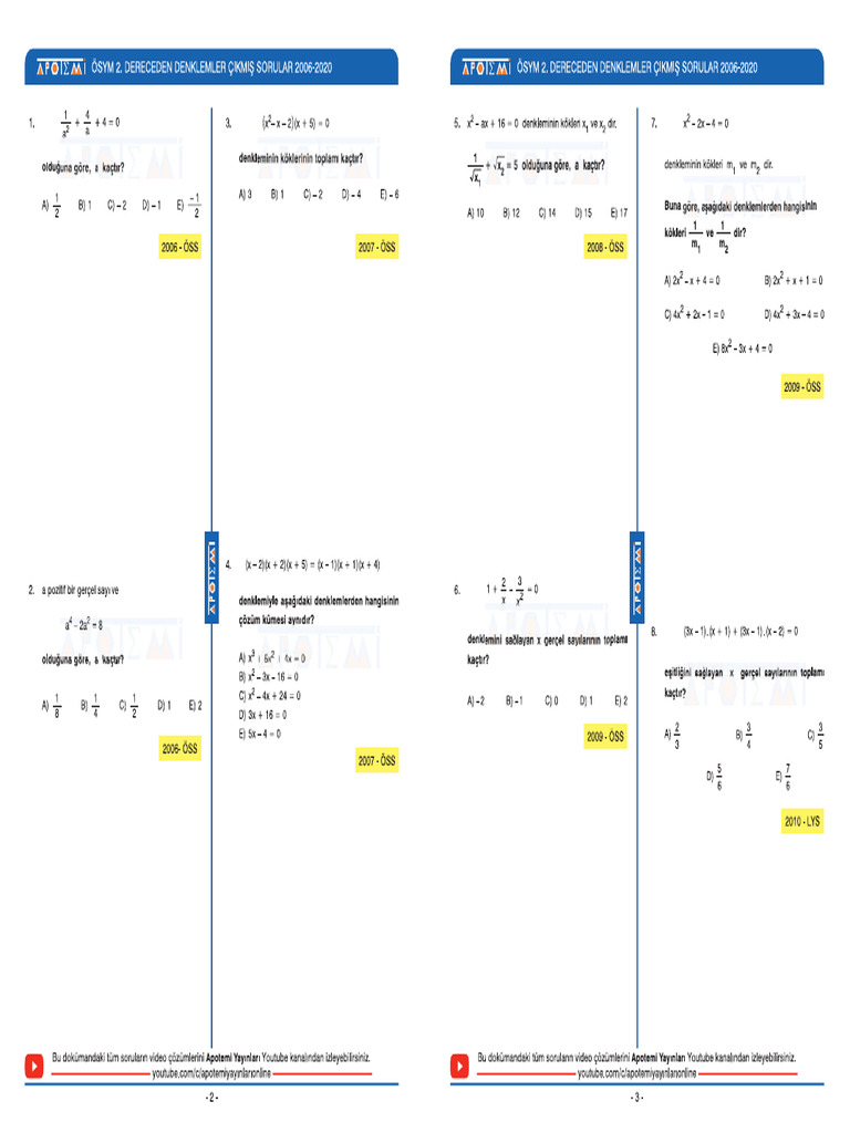Cikmis Sorular 2.derece Denklemler Kopyası | PDF