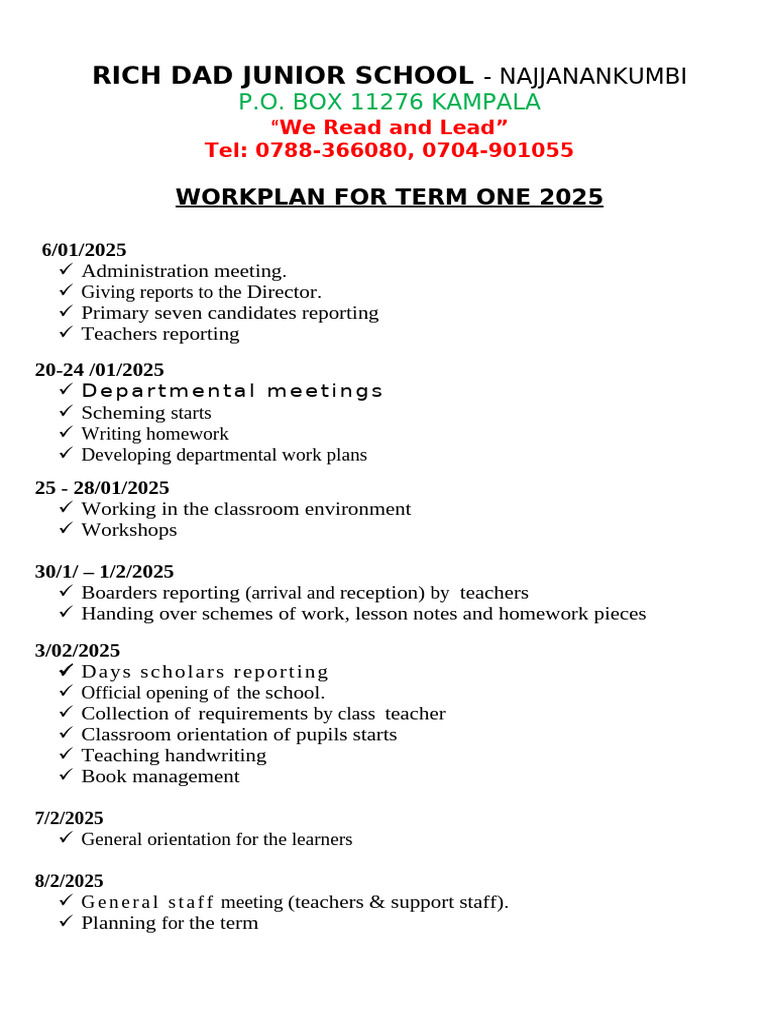 Rich Dad Junior School Term 1 Plan 2025 | PDF