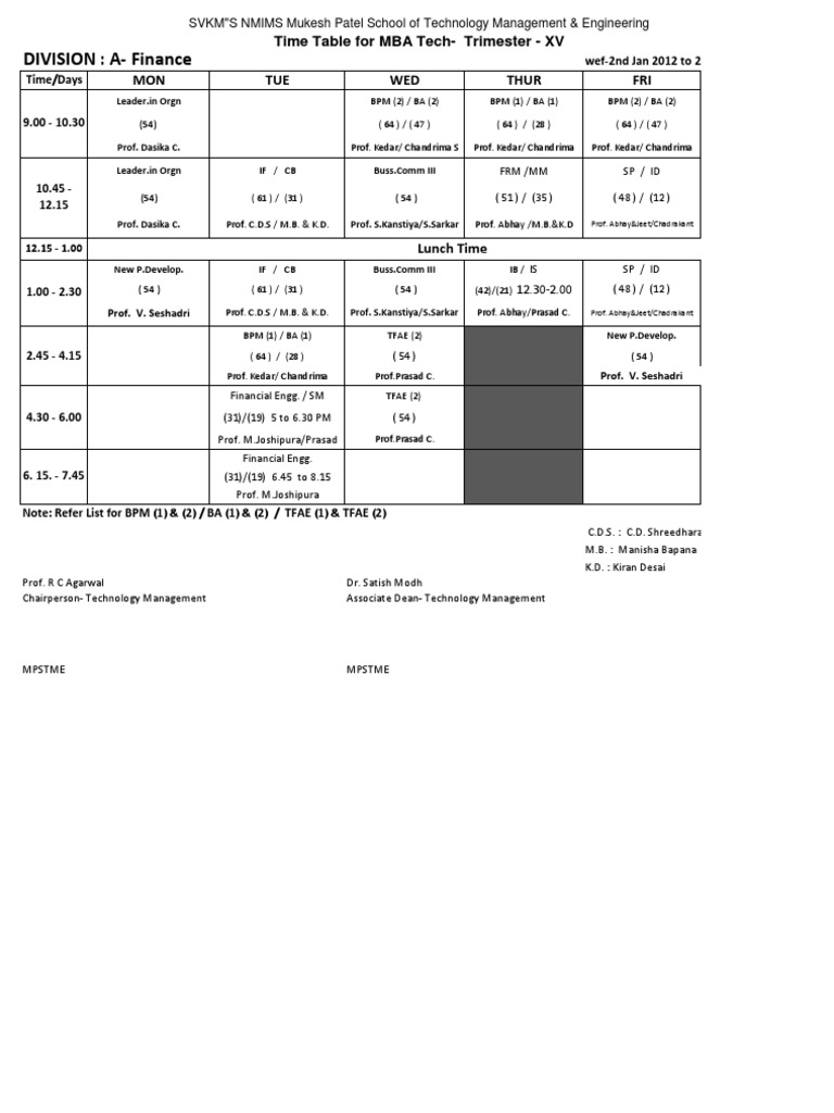 Final Time Table XV15 Trimester Divisions ABC PDF