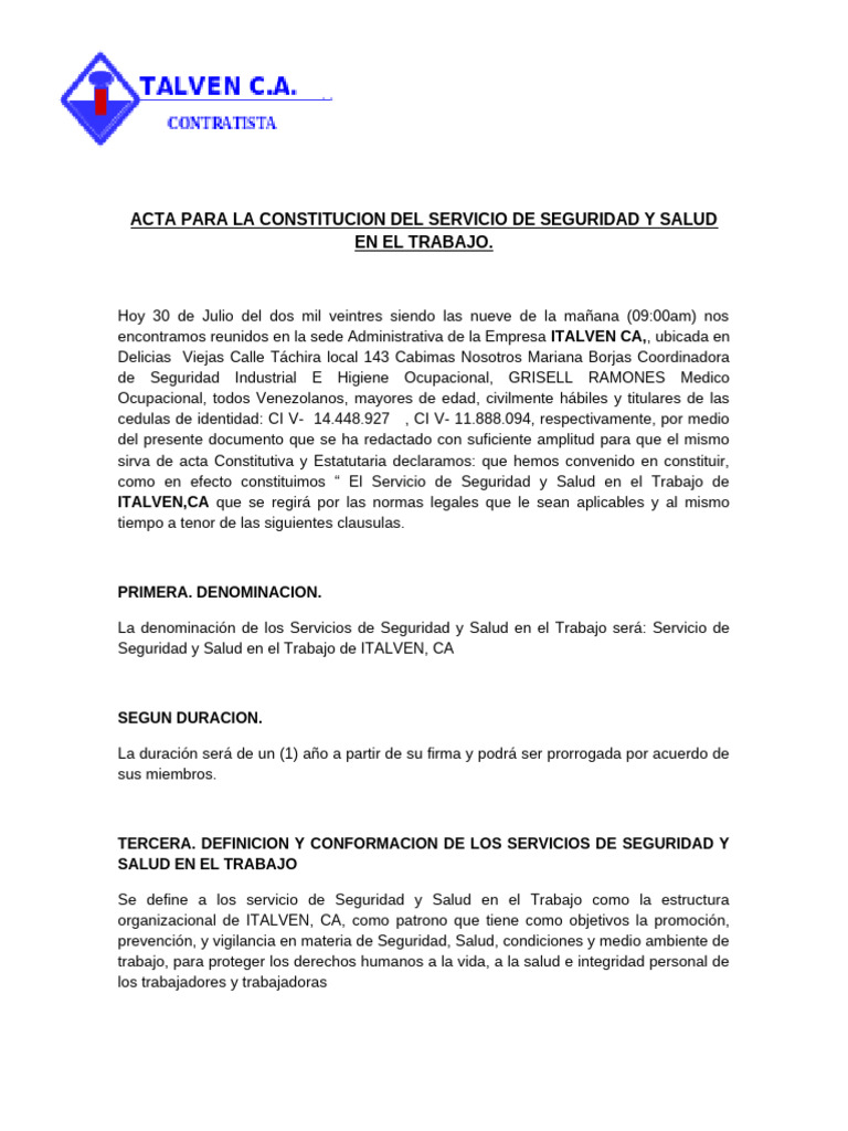 Acta Interna de Servicio y Salud en El Trabajo | PDF | Seguridad y ...