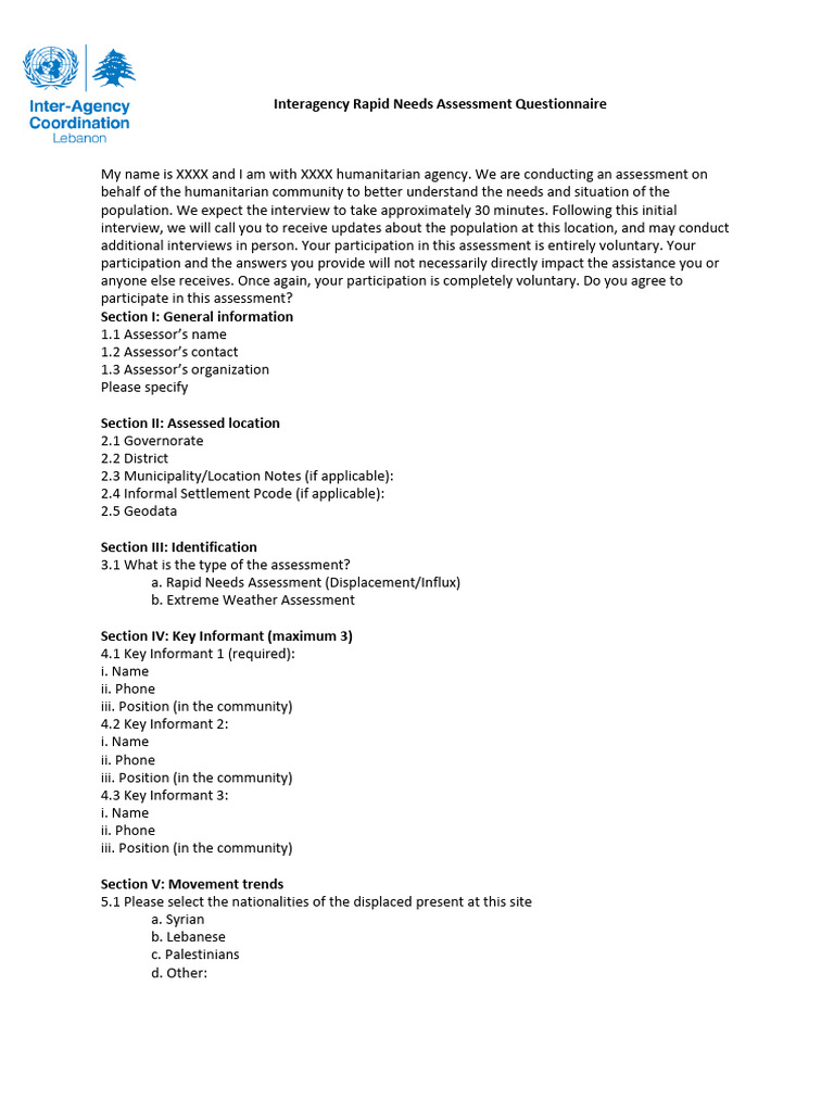 Rapid Needs Assessment Questionnaire | PDF | Toilet | Refugees Of The ...