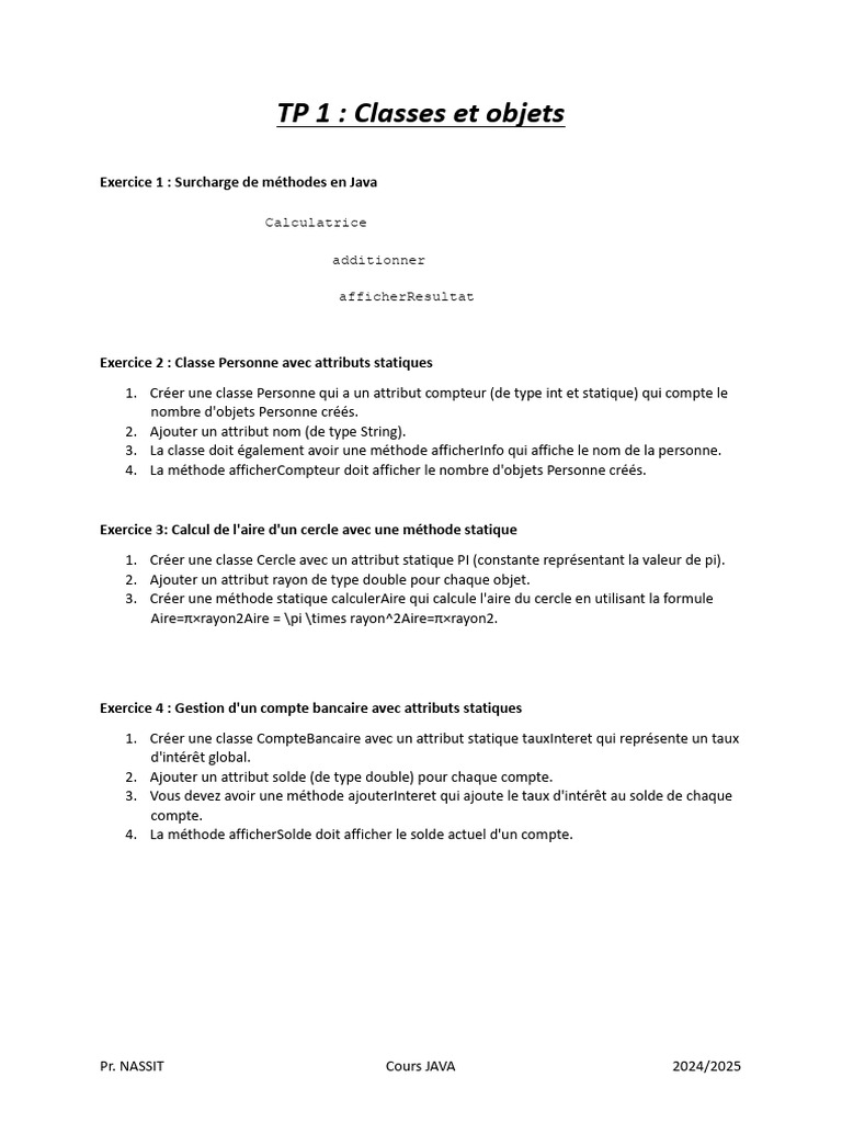 Cours JAVA : TP Classes et Objets 2024 | PDF