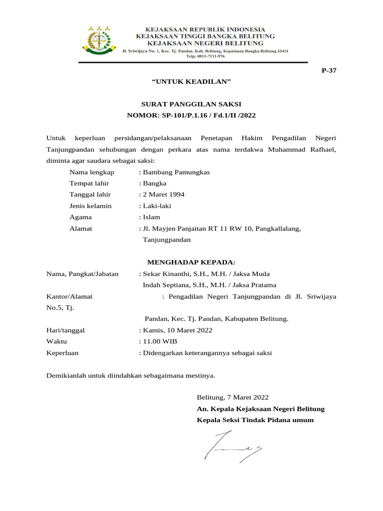 Surat Panggilan Saksi 3 (P-37) | PDF