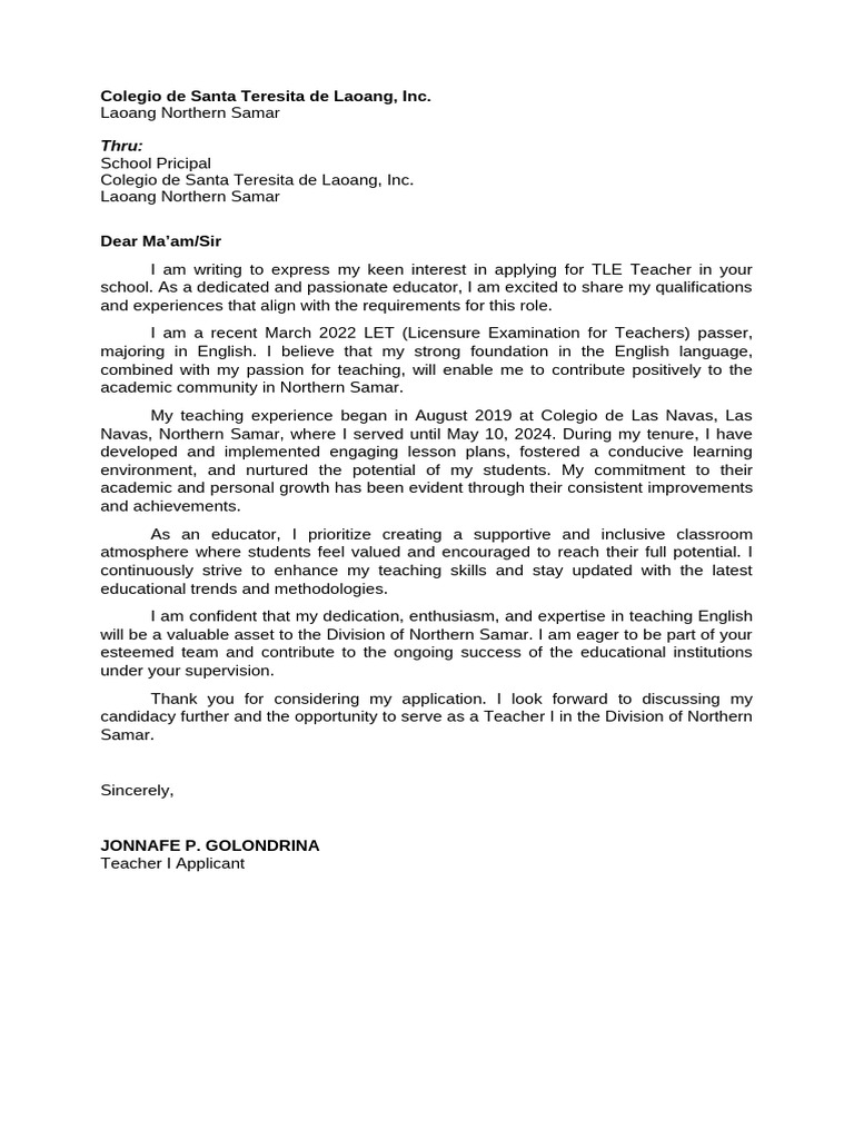Application Letter Teacher I | PDF
