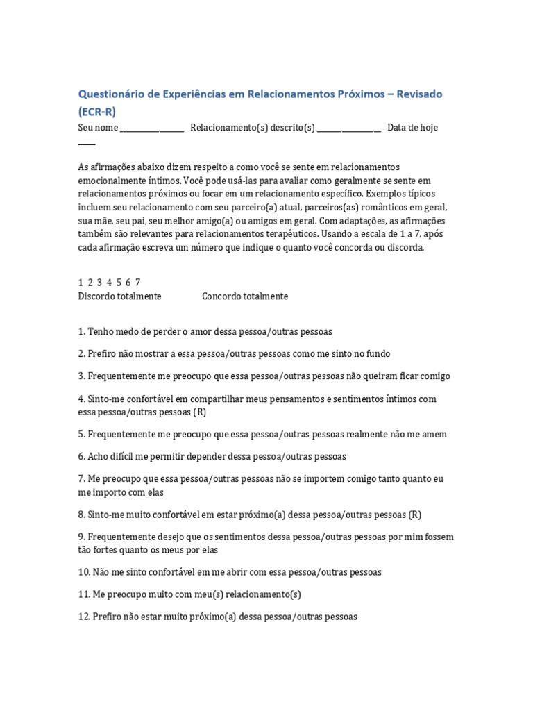 Questionário ECR-R de Apego Adulto | PDF | Teoria do Apego