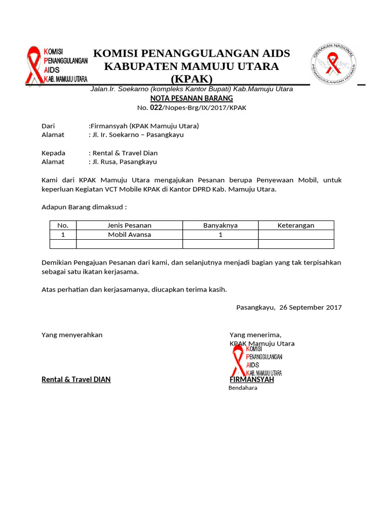 Nota Pesanan Rental Mobil | PDF