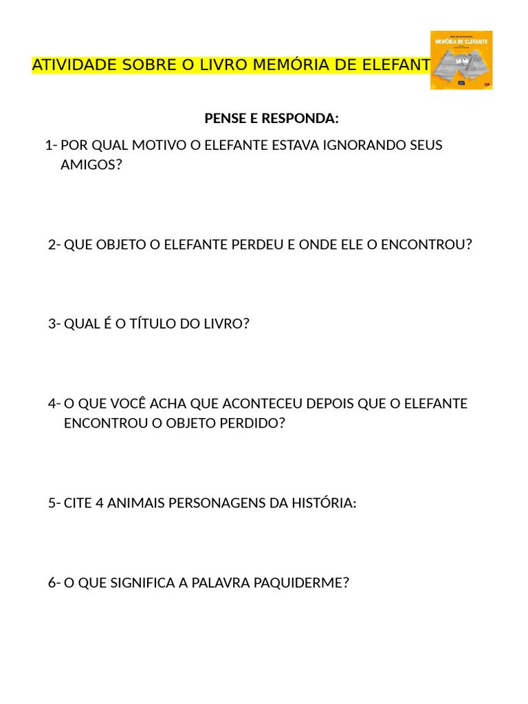 ATIVIDADE SOBRE O LIVRO MEMÓRIA DE ELEFANTE | PDF