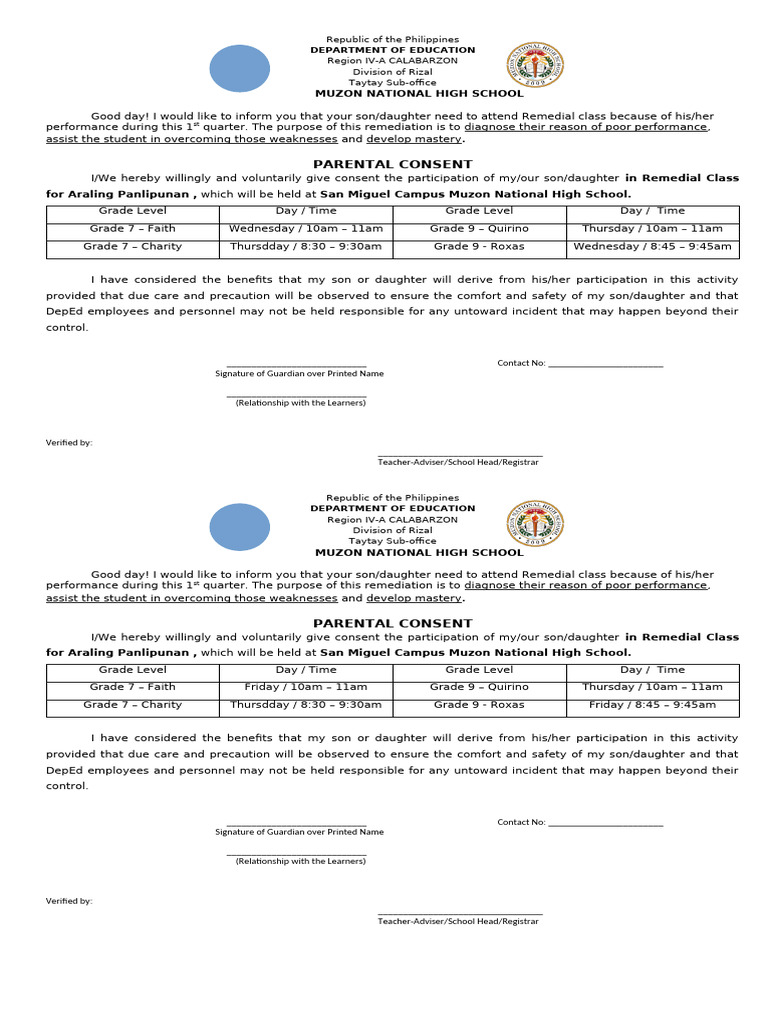 Remedial Class Consent Form for Students | PDF | Philippines