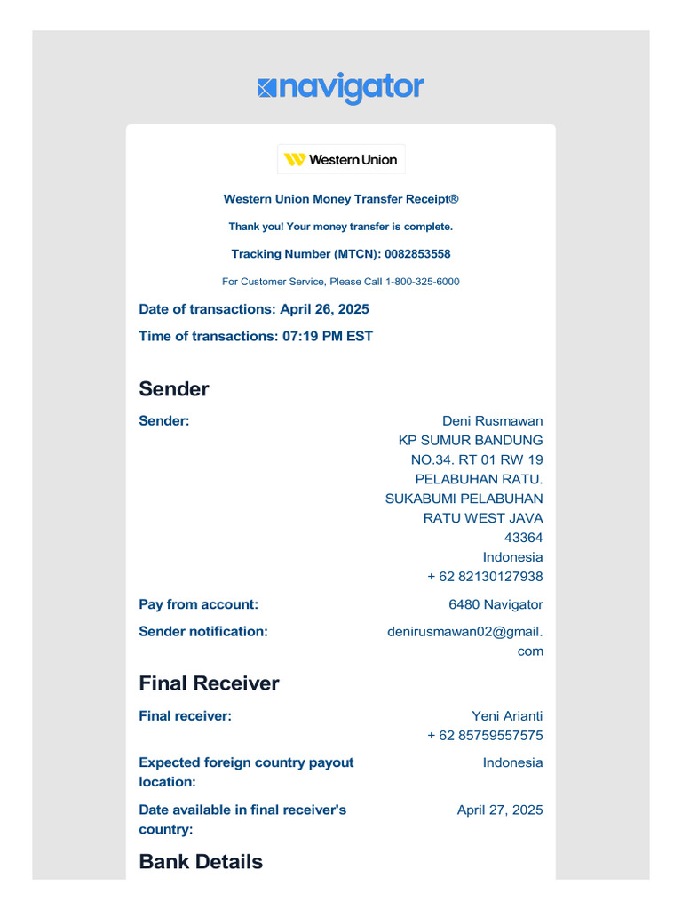 Western Union Transfer Receipt Details | PDF | Western Union | Exchange ...